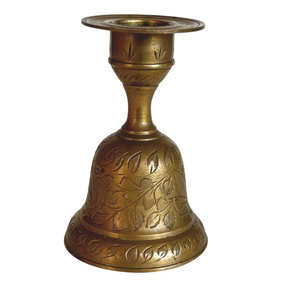 Vintage Bells of Sarna India 318 Brass Etched Floral Candlestick Holder Bell 60s
